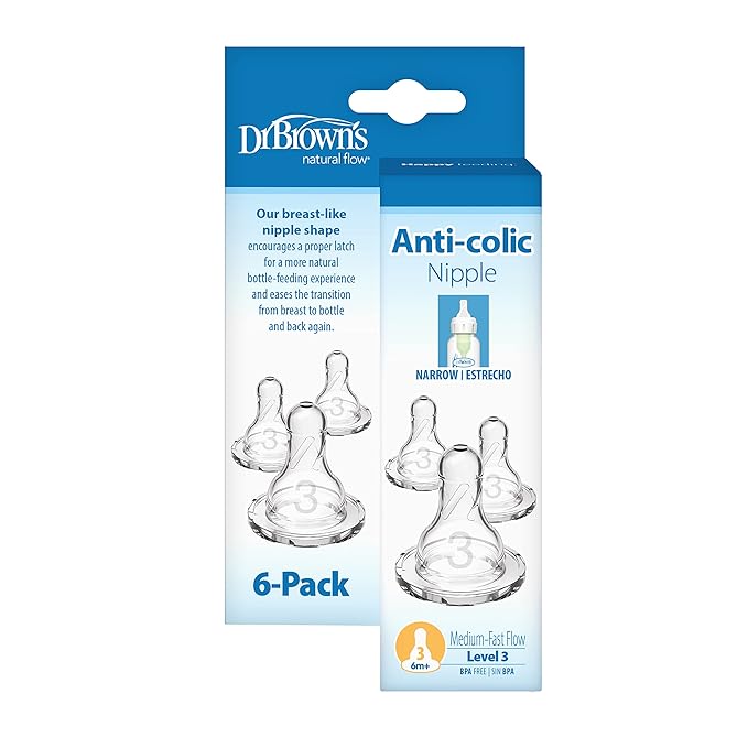 Dr. Brown's Natural Flow Level 3 Narrow Baby Bottle Nipple, Medium-Fast Flow, 6m+, 100% Silicone, 6 Count