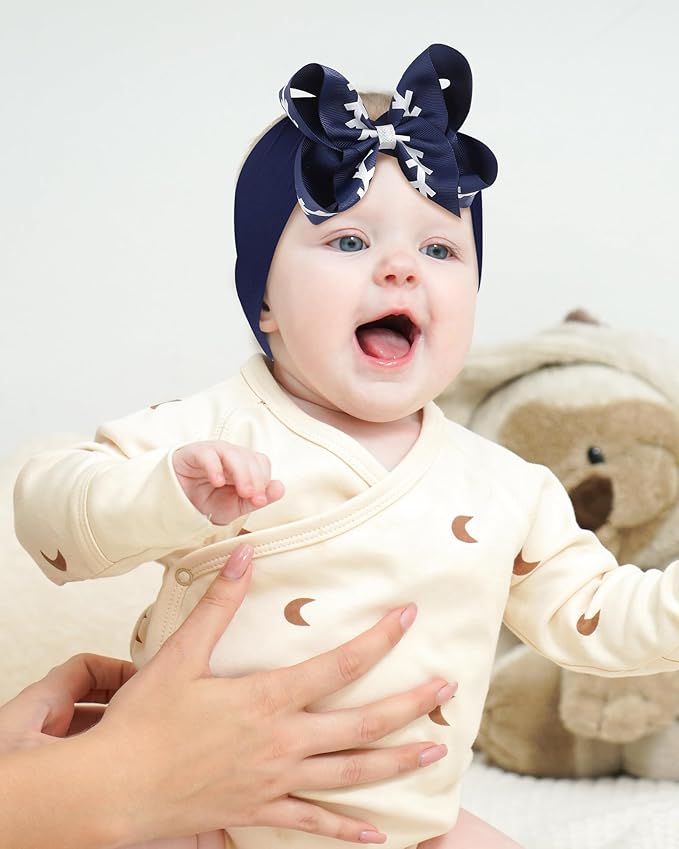 doboi 3PCS Baby Girl Cheer Bows Headbands Nylon Hairbands with Ribbon Bow Handmade Elastic Shiny Baby Hair Bows Headbands for Baby Girls Newborns Infants Toddlers and Kids-Football Sports Printed