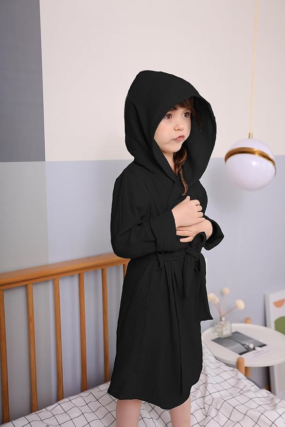 Organic Cotton Toddler Bathrobe, Soft and Breathable Baby Robe for Kid, Boy& Girl Hooded Robe Muslin