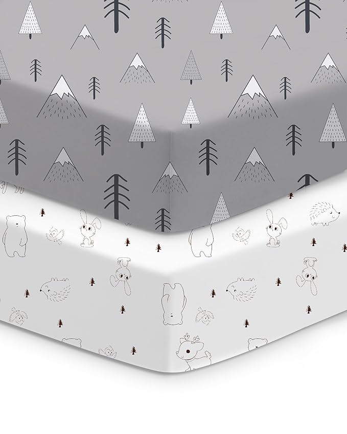 Crib Sheets 2 Pack, Fitted Crib Sheet for Standard Crib Mattress 28x52x9, Ultra Soft Jersey Knit, Breathable Stretchy Deep Pocket, Snug Fit Stays Put, Baby Crib Mattress Sheet