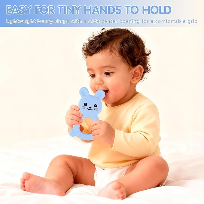 Silicone Bunny Baby Teether Toy for 3-12Months, Easy-Grip Chew Toy with Textured Ears for Sensory Exploration, Food-Grade Silicone, Freezable & Dishwasher Safe (Blue)
