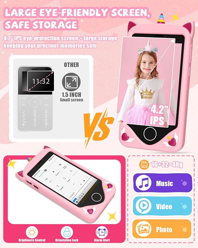 Kids Smart Phone for Girls - Safest Phone for Kid & Teens, Talk & Text - Kids Cell Phone Toy, 4.2'' Touchscreen, Dual Cameras, Games, 32GB Card (Blush)
