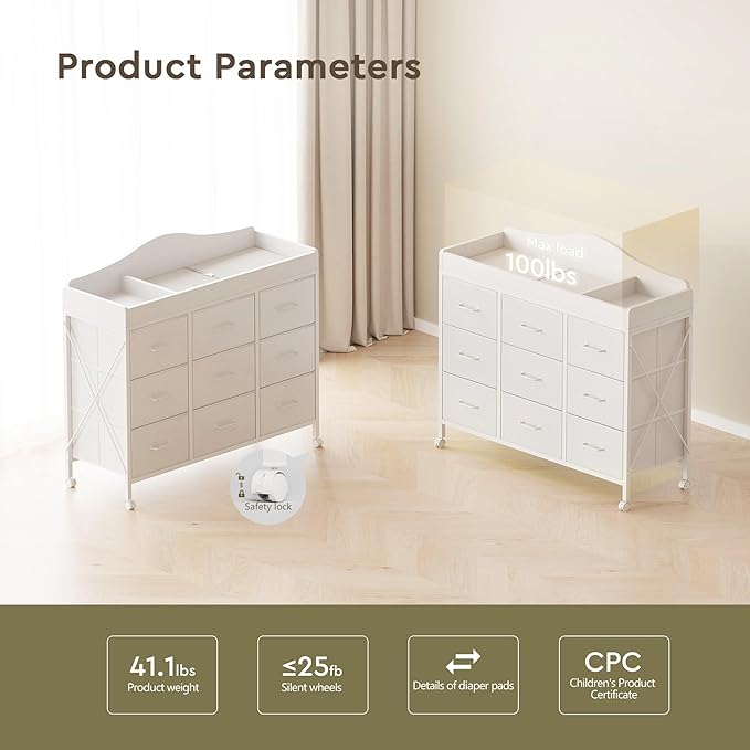 Baby Changing Table with 9 Fabric Drawers, Waterproof Diaper Changing Station & Pad, Mobile Nursery Diaper Changing Table, Baby Furniture, Bedroom, White