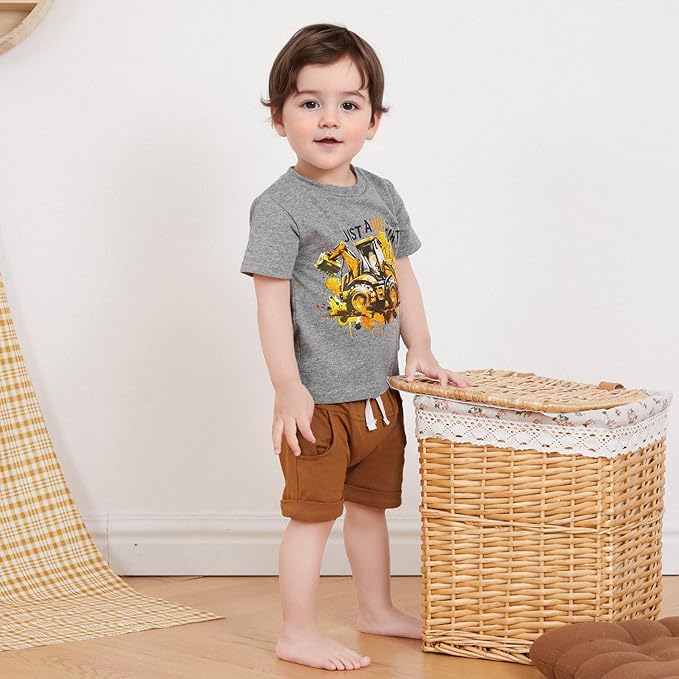 Toddler Baby Boy Clothes Summer Short Sleeve Trucks Tractors Print T-Shirt Tops Solid Color Shorts Set Casual Outfit