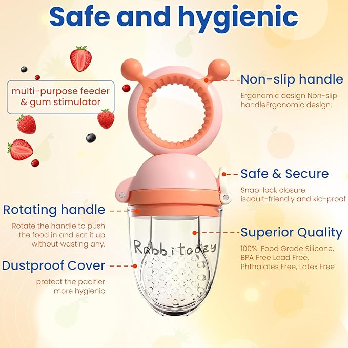Baby Fruit Food Feeder Pacifier with 3 Different Size Silicone Pouch,Teethers for Babies 6-12Months, Baby Solid Food Essentials, Push Pop Silicone Feeder, Nutrition Feeder, BPA Free, 1 Pice, Orange