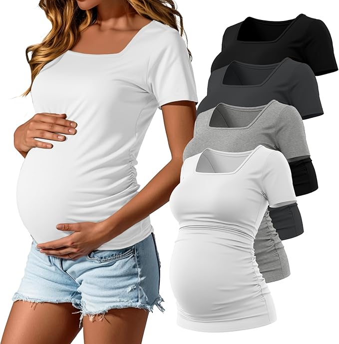 4 Pack Women's Maternity Shirts Cotton Square Neck Pregnancy Tops Side Ruched Summer Short Sleeve Tees Multipack