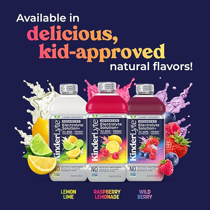 Kinderlyte Advanced Electrolyte Solution, 2X Faster Hydration vs. Water Alone, No Artificial Sweeteners or Flavors, No Synthetic Dyes, Raspberry Lemonade, for Kids and Adults, 33.8 fl oz (Pack of 6)