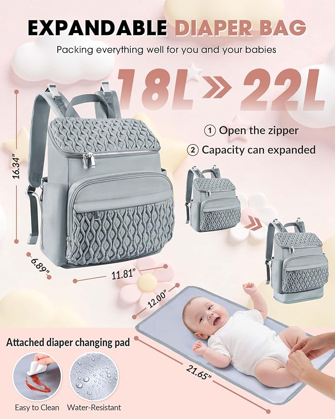 Baby Diaper Bag, Multi-Function Baby Bag for Mom Dad, Diaper Backpack with Changing Pad Stylish Pañaleras para Bebe Stroller Straps, Newborn Baby Essentials Must Haves for Women Grey Green