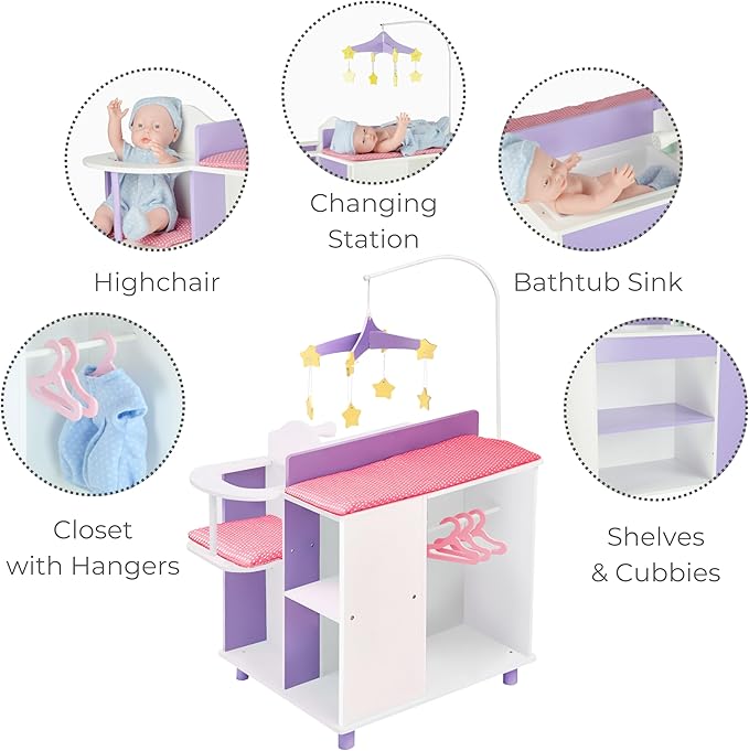 Olivia's Little World Little Princess Baby Doll Two-Sided Wooden Baby Doll Changing Station with Storage Shelves, Closet, Highchair, Changing Table, and Sink, White with Purple and Pink Accents