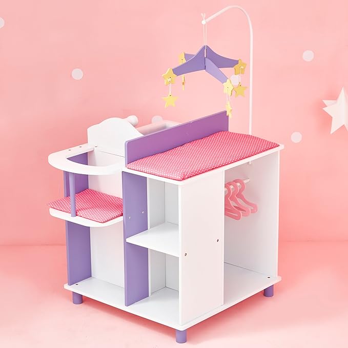 Olivia's Little World Little Princess Baby Doll Two-Sided Wooden Baby Doll Changing Station with Storage Shelves, Closet, Highchair, Changing Table, and Sink, White with Purple and Pink Accents