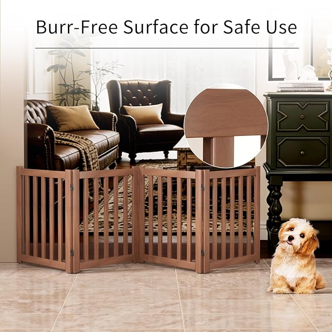 4-Panel Solid Wood Dog Gate - Freestanding Folding Pet Gate for Doorways, Stairs, Indoor, 24" Height, No Installation Needed, Walnut