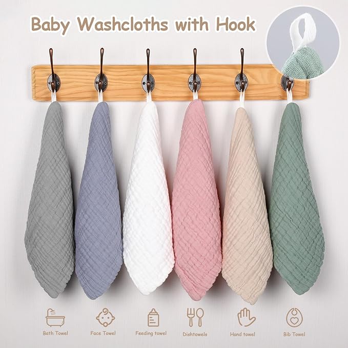Looxii Muslin Baby Washcloths 6 Pack, 100% Cotton Baby Wash Cloths for Baby Face Body, 12x12 inches Large Soft Absorbent Face Towels for Newborns Multicolor
