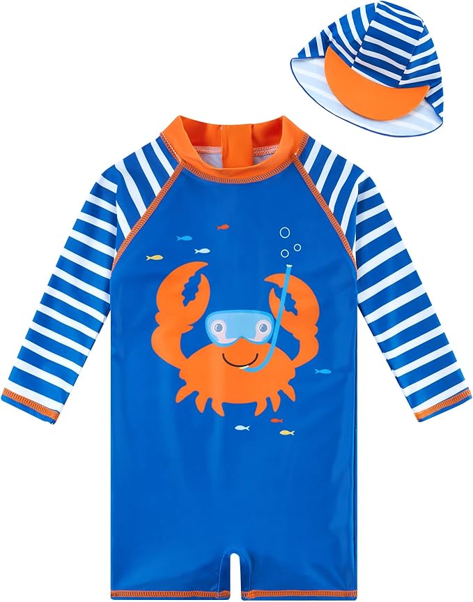 ADUKIDE Baby Boys Swimsuit Summer Beach Rash Guard Swimwear One Piece Sunsuit with Sun Hat 3-24 Months