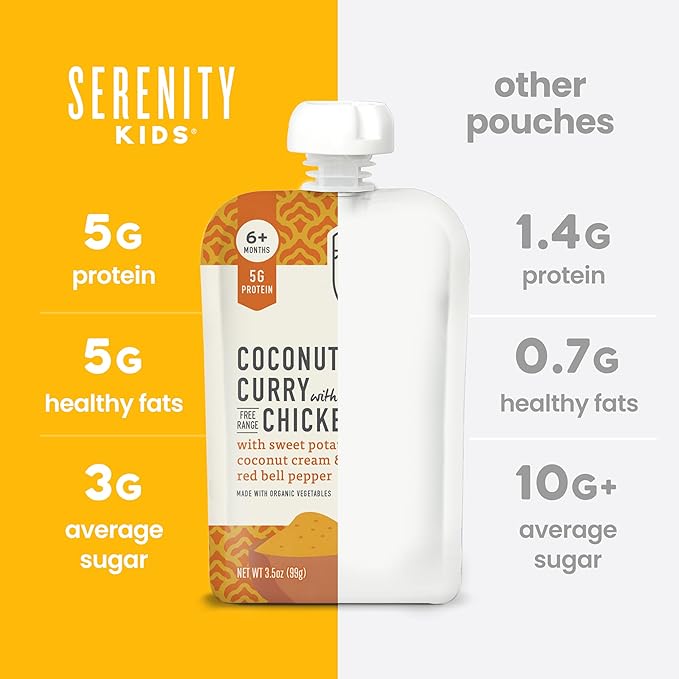Serenity Kids 6+ Months Coconut Curry Chicken Baby Food Pouch - 3.5 Oz, Pack of 12 - Nutrient-Packed Pureed Baby Food - GMO Free Portable Pouch for On-the-Go Toddler Snacks