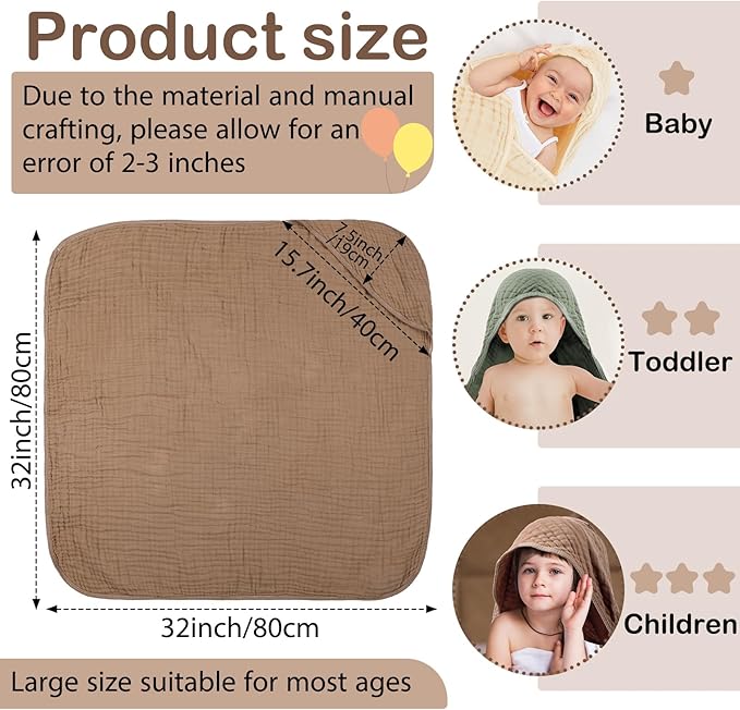 Peryiter 4 Pcs Muslin Hooded Baby Towels 32x32inch Cotton Newborn Bath Essentials Muslin Infant Blankets Absorbent Registry Baby Shower Present for Babies Girl Boy Kids (Green)