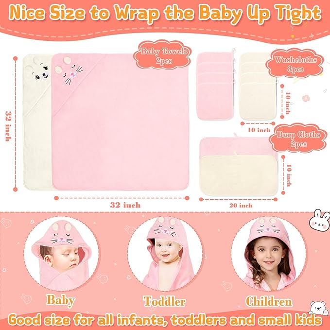 12 Pcs Baby Bath Towels Set for Infants Toddlers, 2 Pcs Animal Hooded Bath Towel, 2 Pcs Baby Burp Cloths & 8 Pcs Washcloths Set, Absorbent Soft Newborn Gift for Boys & Girls (Kitten & Bear)