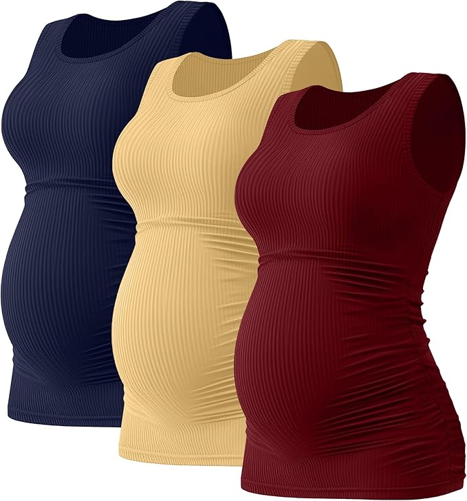 Riyiper 3 Pack Women's Maternity Tank Tops, Sleeveless Cotton Pregnancy Shirts Ribbed Knit Sides Ruched Basic Mama Clothes