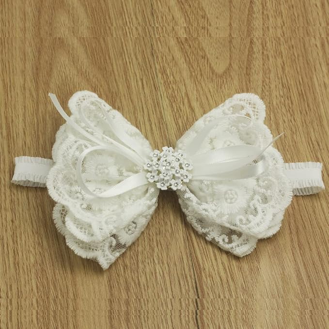 White Baby Bow Headband for Baptism Christening Satin Lace Hair Band with Cross for Toddler (Embroidery Lace white bow with pearl-5, 6 months-2 years old)