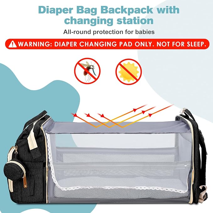 Diaper Bag Backpack, Large Waterproof Lightweight Diaper Bag with Changing Station, Insulated Pockets, USB Port, Travel Bag for Mom and Dad (Black)