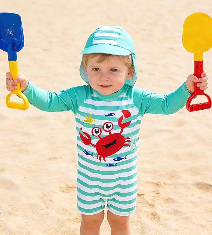 ADUKIDE Baby Boys Swimsuit Summer Beach Rash Guard Swimwear One Piece Sunsuit with Sun Hat 3-24 Months