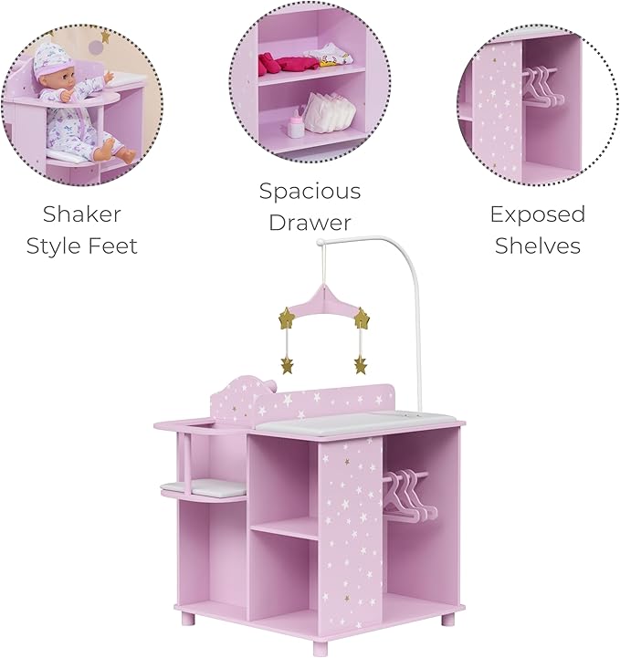 Olivia's Little World Baby Doll Changing Station with Built-in Baby Doll High Chair, Closet, Shelves, Sink, Overhead Mobile, & Baby Doll Clothing Hangers for up to 18 Inch Dolls, Purple Stars