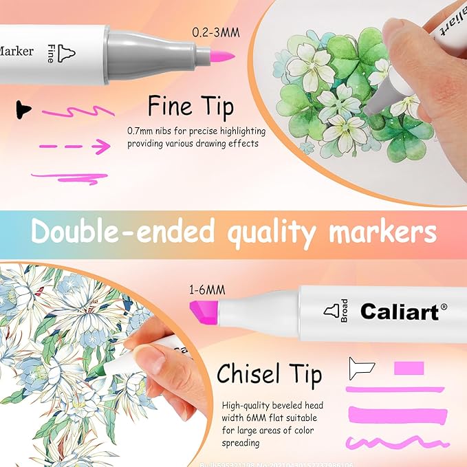 Caliart Pastel Markers, 100 Colors Dual Tip Art Markers Sketch Pens Permanent Alcohol Based, with Case for Adults Artists Drawing Illustration Sketching Coloring