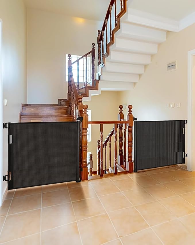 (2 Pack) Retractable Baby Gate for Doorways and Stairs, Mesh Safety Gate for Pet, Indoor & Outdoor Use, One-Hand Operation, Easy Installation, 33.6" Tall, Expands to 55" Wide（Black,33.6"x55")
