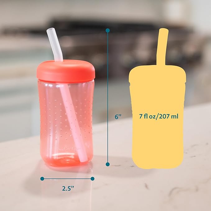 The First Years Squeeze & Sip Toddler Straw Cups - Squeezable Transition Sippy Cup with Silicone Straw - Toddler Feeding Supplies - Blue/Yelllow/Red - 7 Oz - 3 Count - Ages 6 Months and Up