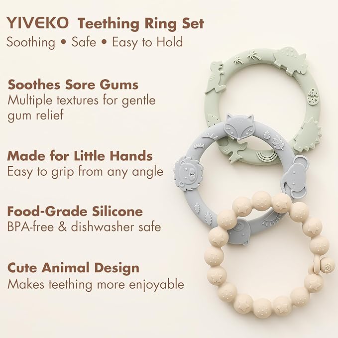 Baby Teether Rings Silicone Teethers for Babies Multi Use Teething Toys for Infants Chew Toys Baby Teething Rings for Infant Boys and Girls 3 Pack-Blue