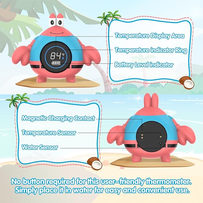 BabyElf Rechargeable Baby Bath Thermometer – Floating Crab Water Temperature Thermometer for Baby Bath, Automatic Sensing, Hot & Cold Alert, Waterproof Bathtub Thermometer for Newborns