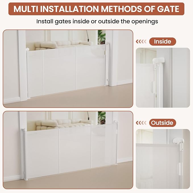 Upgrade Retractable Baby Gates Extra Wide(71" W x 42" H), 71 inch Reinforced Retractable Dog Gate to Prevent Crawling Through, Retractable Gate Outdoor/Indoor, Real One-Handed Operation, White