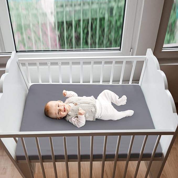 Biloban Mini Crib Sheets Fitted, 2 Pack Mini Crib Sheet Fits for Mini Crib Mattress, Neutral Mini Crib Sheets for Baby Boys and Girl, Grey & Navy, 38”X 24”