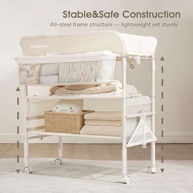 Maydolly Baby Changing Table, Portable Foldable Changing Table, Waterproof Diaper Changing Station, Adjustable Height Changing Station, Mobile Nursery for Newborn and Infant (Beige Without Drawer)