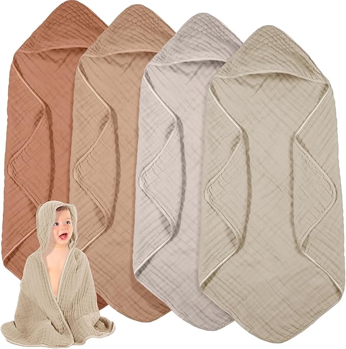 Peryiter 4 Pcs Muslin Hooded Baby Towels 32x32inch Cotton Newborn Bath Essentials Muslin Infant Blankets Absorbent Registry Baby Shower Present for Babies Girl Boy Kids (Brown Series)
