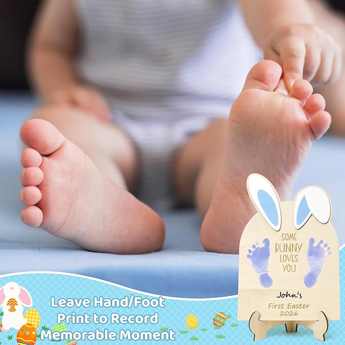 R HORSE DIY Baby's First Easter Footprint or Handprint Art Sign with Ink Pad, 3D Blue Bunny Wooden Milestone with Marker Pen, Baby 1st Easter Keepsake Craft Gift Nursery Photo Prop Baby Shower Baptism