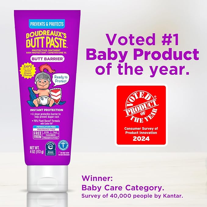 Boudreaux’s Butt Paste Butt Barrier Ointment, Preventive Dimethicone Baby Diaper Rash Cream, Provides Fast Relief from Moderate Rash and Discomfort, Pediatrician-Recommended Brand, 4oz Tube