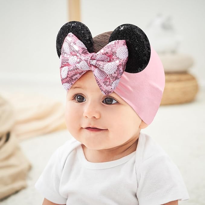 choicbaby 3 PCS 5 Inches Mouse Ears Sequin Bow Nylon Hairband with Polka Dot Cute Baby Headbands Soft Hairbands Hair Accessories for Newborn Infant Toddler Party Supplies