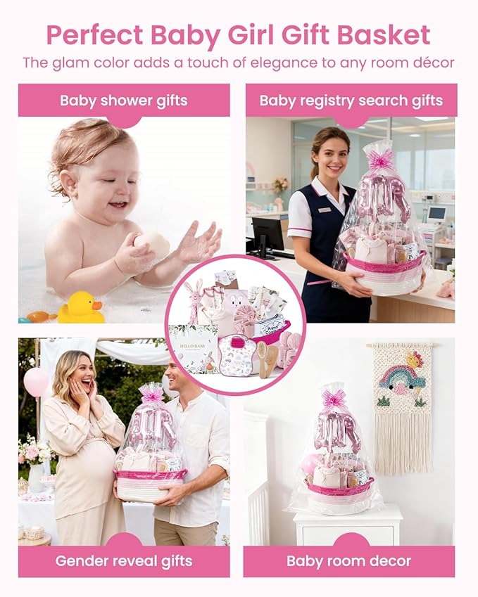 25-Pcs Luxury Baby Girl Gift Basket Set, Pink (0-12M Newborn) | Premium Baby Shower Gifts with Keepsake Memory Book. Ultimate Newborn Essentials in Woven Basket for Unforgettable Welcome Mom Gift