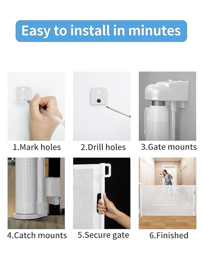 Retractable Baby Gate for Doorways and Stairs, Mesh Safety Gate for Pet, Indoor & Outdoor Use, One-Hand Operation, Easy Installation, 33.6" Tall, Expands to 55" Wide（White,33.6"x55")