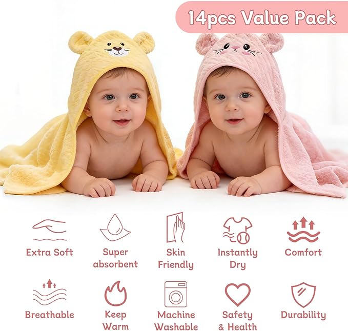 14 PCS Baby Bath Towels Set for Girls, 4 PCS Animal Hooded Towels & 10 PCS Washcloths, Ultra Soft & Absorbent Newborn Infant Toddler Towels in Pink Green Yellow White