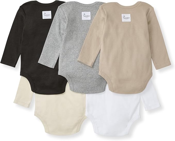 Burt's Bees Baby Bodysuits, Short Sleeve and Long Sleeve One-Pieces, 100% Organic Cotton, Pack of 5