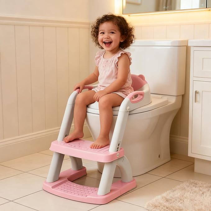 Potty Training Seat, SKYROKU Upgrade Toddler Toilet Seat for Kids Boys Girls, 2 in 1 Potty Training Toilet, Splash Guard Anti-Slip Pad Step Stool,New Sector-Shape Stabilized Base (8899+Pink)