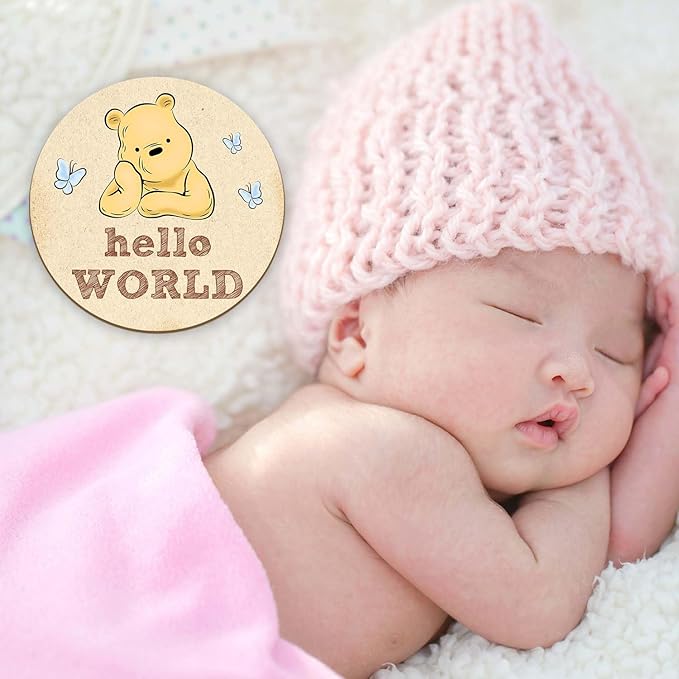 7 Pcs Winnie Baby Monthly Milestone Markers, Winnie Double Sided Winnie Baby Months Wooden Signs with Storage Bag, Winnie Baby Monthly Announcement Wooden Discs, Winnie Milestone Pictures of Newborn