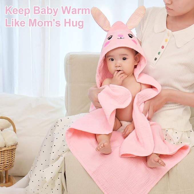 FIOBEE Hooded Baby Towels 100% Muslin Baby Bath Towels for Newborn with Animal Design Ultra-Soft and Absorbent Bath Essentials for Toddler, Unisex Girls Boys 30 x 30 inch, Pink Bunny