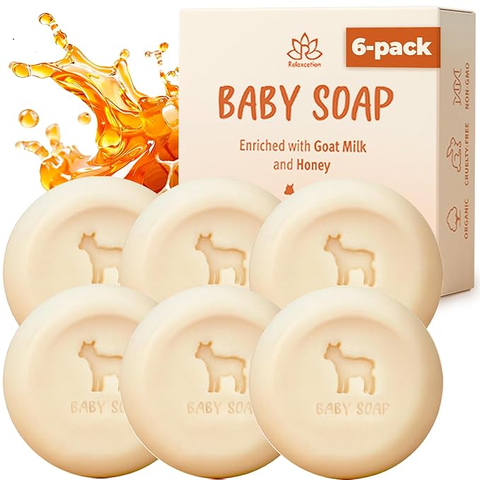 Relaxcation Organic Baby Soap Bars with Goat Milk and Honey - Naturally Cold Processed from Organic Ingredients - Handmade in USA Ideal fro Newborns, babys, Kids and Adults (Pack of 6)