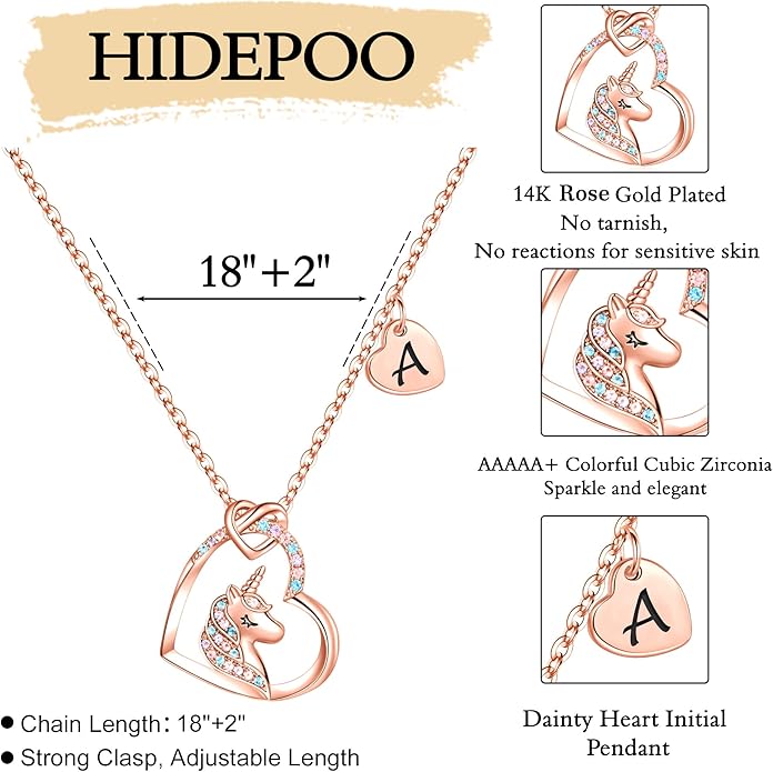 Hidepoo Valentines Gifts for Kids Girls - Unicorn Necklace Gifts for Teen Girls Kid, Colorful CZ Heart Pendant Initial Unicorn Necklaces for Girl Jewelry Birthday Gift for Girl Kid