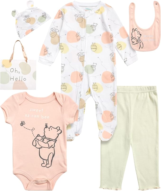 Disney Newborn Baby Girl Boy Clothes - 7 Piece Mickey Mouse Winnie the Pooh Bib Onesie Overall Beanie Pants Gift Bag Gift Set