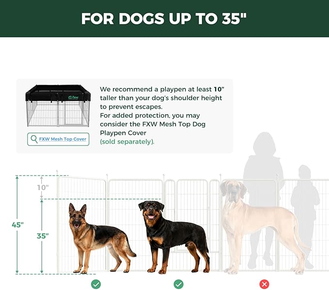 FXW Rollick Unleashed Dog Playpen for Indoor, Yard, RV Camping, 45 inch 16 Panels for Large Dogs, White│Patented