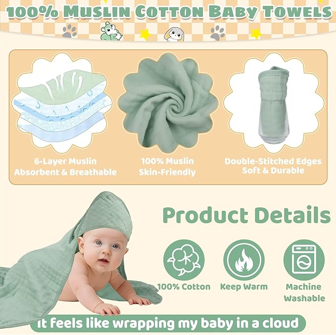 6 Pcs Muslin Hooded Baby Bath Towels Sets - 2 Pack 100% Cotton Baby Towel & 4 Pack Muslin Washclothes- 32x32Inch Baby Towels Cotton for Babies, Infants, Toddlers, 100% Cotton, Bath Essentials