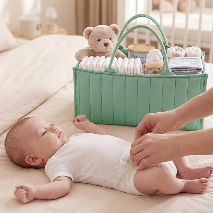 Green Diaper Caddy Organizer for Changing Table, Nursery Storage Basket for Diaper Stations with Removable Dividers, Newborn Baby Essentials & Registry Must Haves, Gift for Baby Shower